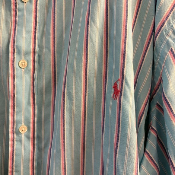 Ralph Lauren Shirt Mens 4XLT Teal Pink Blue Stripe Pony Cotton Button Up Preppy - Picture 3 of 4